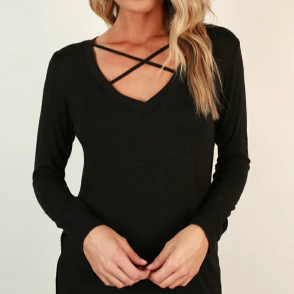 Gaze USA Strappy Criss-cross V-Neck Long Sleeve Top, Size XS